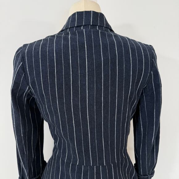 Free People Stella Striped Frayed-Hem Blazer Jacket Navy Blue XS Linen Cotton - Picture 7 of 12